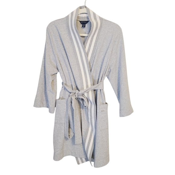 Nautica | Women's Gray With White Stripes Belted Lounge Robe (Size Large/XL) - Picture 1 of 14